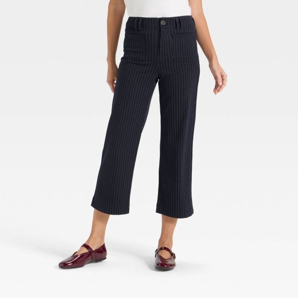 Women's High-Rise Cropped Pants - A New Day Navy Striped 4